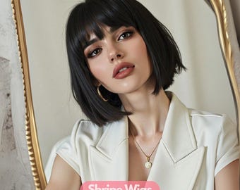 Op de afbeelding: Een vrouw met zwart haar in een bob met pony, draagt een witte blazer en een gouden ketting met een hanger. De tekst "Shrine Wigs" is zichtbaar in het midden onderaan de afbeelding.