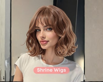 May include: A woman with light skin and blue eyes wearing a light brown wig with a wavy bob and bangs. The wig is styled with soft curls. The text "Shrine Wigs" is displayed on a pink banner at the bottom of the image.