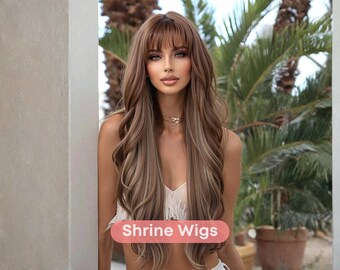 Long Balayage Brown Wig with Bangs, Natural Looking Wigs, Caramel Highlight Soft Wavy Synthetic Hair for Women, Daily Wear Wigs, Brown Wigs