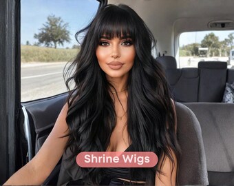 Long Black Wavy Wig with Bangs, Natural Looking Black Curly Synthetic Hair for Women, Daily Wear Wigs, Black Wigs, Wavy Wigs, Woman Wigs