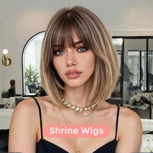 Short Blonde Brown Bob Wig with Bangs, Natural Looking Ash Balayage Straight Blowout Synthetic Hair for Women, Daily Wear Wigs, Blonde Wigs