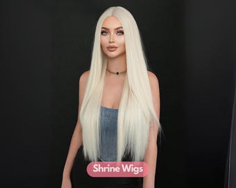 Peluca larga rubia platino con raya al medio, cabello sintético liso de 81 cm para un look glamuroso diario, cosplay o regalo para ella, pelucas de Halloween.