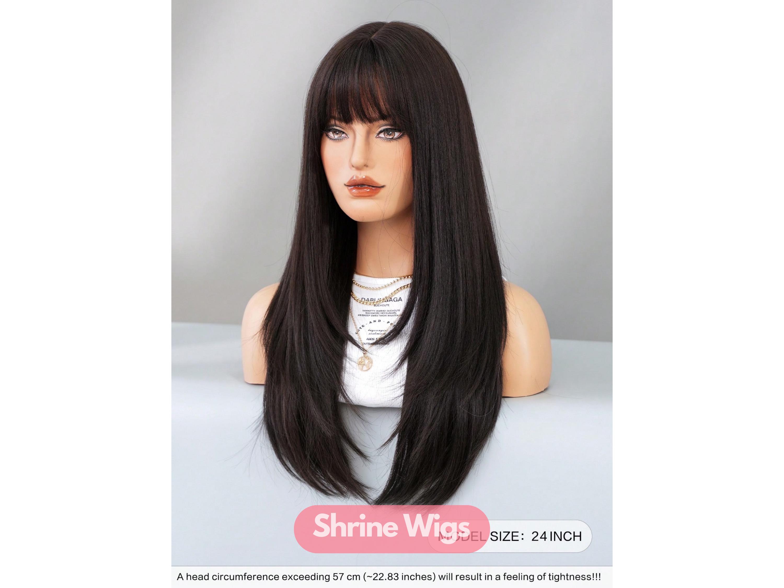Long Straight Dark Brown Wig With Bangs, 24 Inch Natural  display picture 1