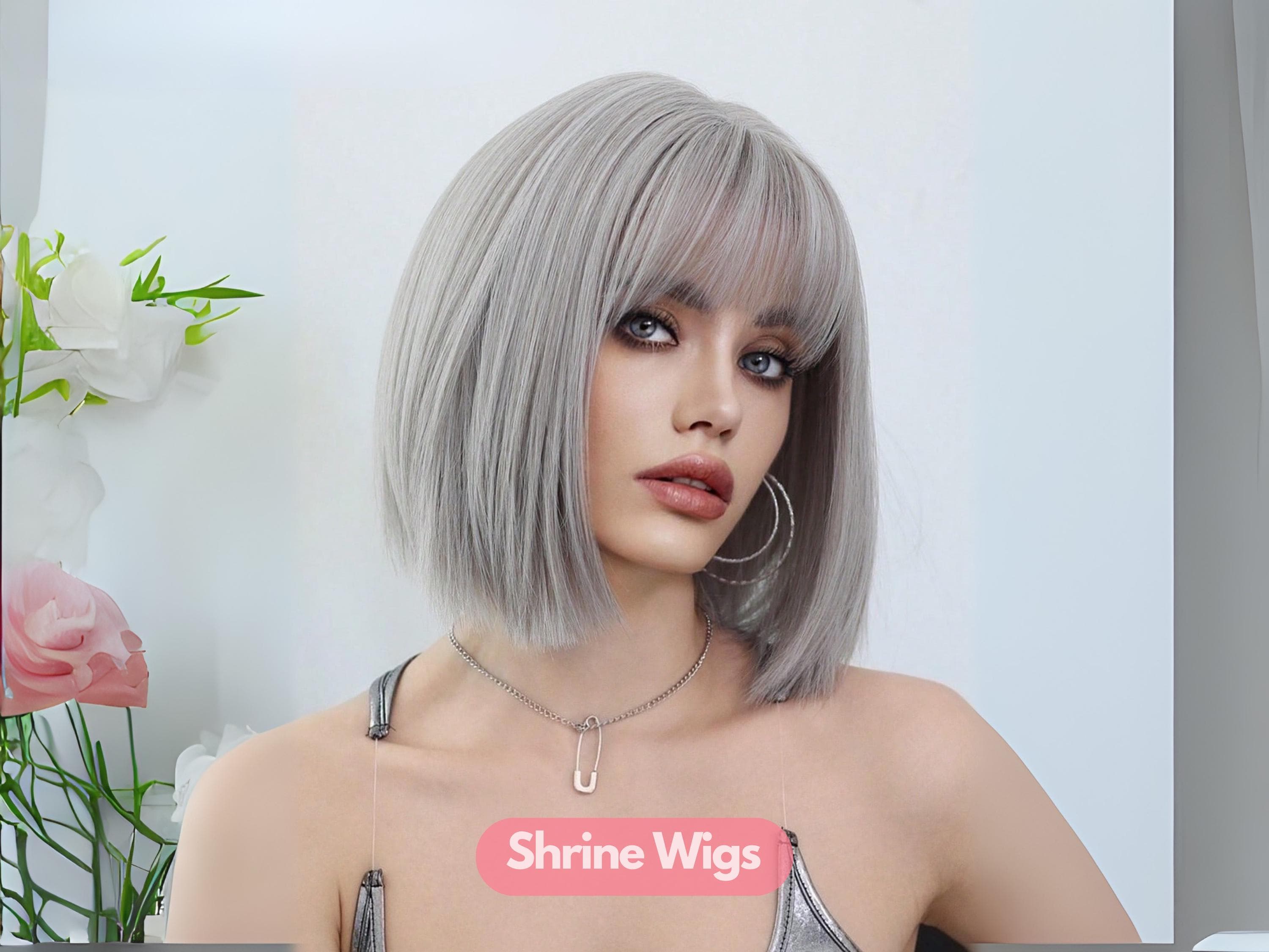 Silver Bob Wig With Bangs, Straight Synthetic Lace Front Wig  display picture 2
