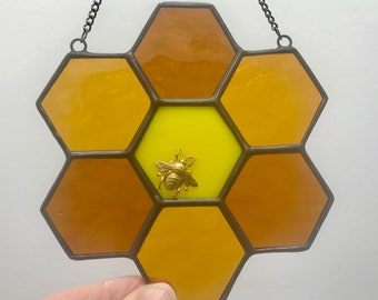 Honeycomb with Bee Stained Glass Suncatcher XXIII 4.5 x 4.5 inches