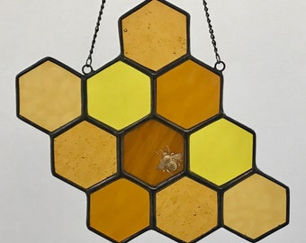 Large Honeycomb Stained Glass Suncatcher with Brass Bee XX 6 x 5.5 inches