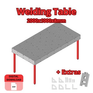 May include: A gray welding table with red legs. The table is rectangular with a perforated surface and measures 2000mm x 1000mm x 8mm. The image also includes the text "Welding Table" and "+ Extras".