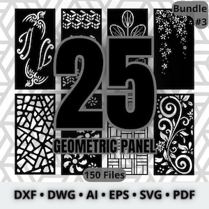 Puede incluir: Gráfico en blanco y negro con 25 diseños de paneles geométricos. La imagen incluye el texto "GEOMETRIC PANEL" y "150 Files". Se enumeran los formatos de archivo DXF, DWG, AI, EPS, SVG y PDF.