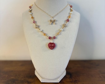 Sweetheart Necklace | Beaded Necklace | Charm Necklace | Heart Necklace | Pink Necklace | Gold Necklace | Pearl Necklace