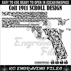 Colt 1911 SCROLL Design svg, Lasercut, Lasergravur, Faserlaser, Gravurdateien, Lasermuster, Gravurdesign, Gravurmuster, Metallkunst