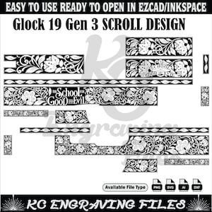 Glock 19 Gen 3 SCROLL DESIGN svg, découpé au laser, gravure laser, laser fibre, fichiers de gravure, motif laser, gravure, motif, art métallique