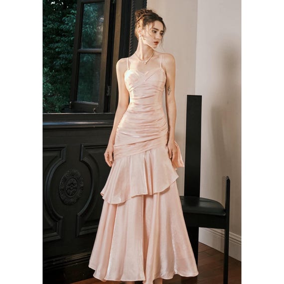 Crystal Rose Pink Mermaid Gown, Elegant Layered Satin Dress - Etsy