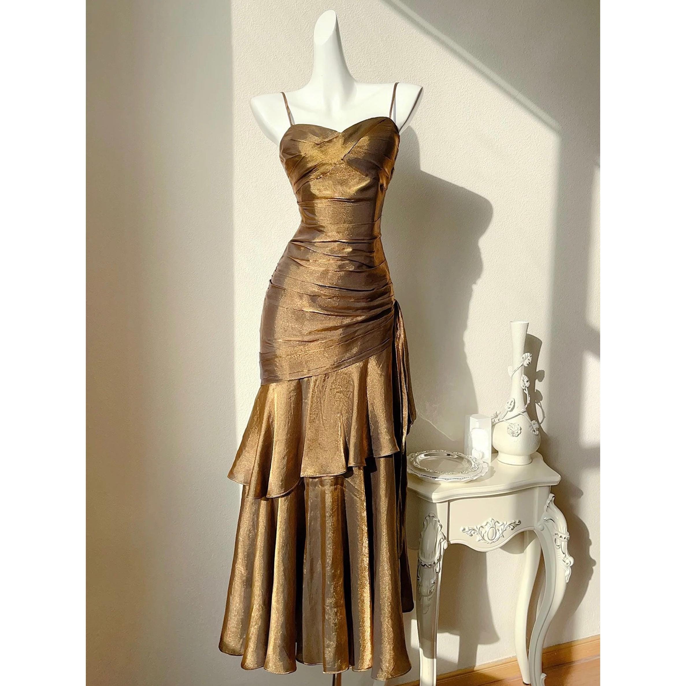 Vintage Golden Metallic Satin Evening Gown, Ruffled Prom Dress Vintage Golden Metallic Satin Evening Gown, Ruffled Prom Dress