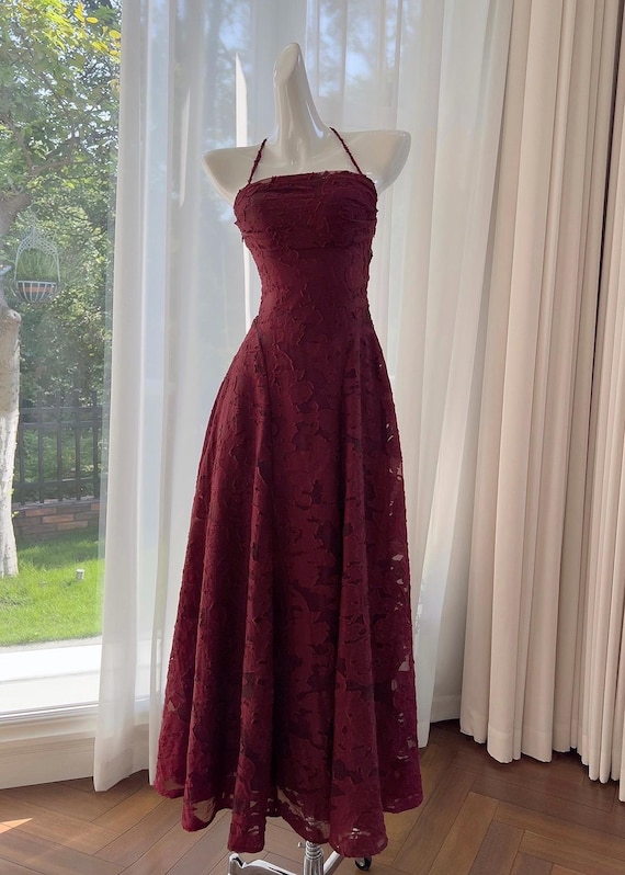 Burgundy Jacquard Halter Formal Dress With Backless Lace-up  Elegant Red  Wine Flowy Maxi Halter Gown for Parties & Weddings - Etsy Canada