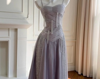 Silver Gray Ombre Formal Midi Birthday Dress – Glitter Corset Prom Gown with Lace-Up Back – Retro Glam Glitter Dress with Beaded Tassels
