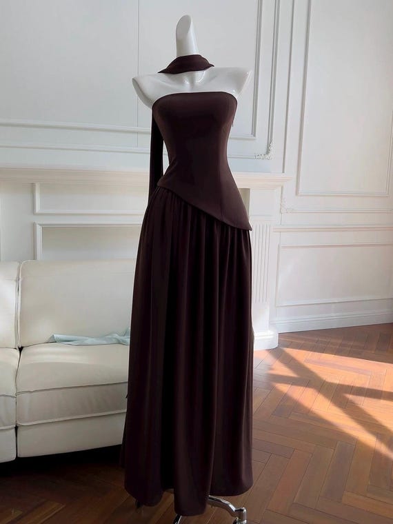 Elegant Chocolate Brown Strapless Evening Gown for Banquets & Galas  Chic  Sophisticated Asymmetrical Long Formal Dress - Gift for Her - Etsy