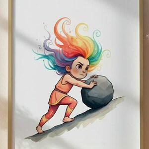 Könnte beinhalten: Gerahmter Druck mit einer Cartoonfigur mit Regenbogenhaar, die einen großen grauen Felsbrocken bergauf schiebt. Die Figur trägt ein orangefarbenes Outfit mit roten Akzenten. Das Kunstwerk wird an einer hellen Wand ausgestellt.