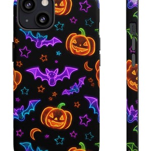 Neon Halloween Phone Case, Spooky Pumpkins, Bats & Stars Design, Fits Samsung Galaxy S21 22 23 24 25 and iPhone 13 14 15 16