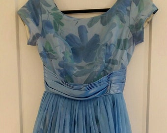 Vintage Blue Floral Chiffon Dress 50’s