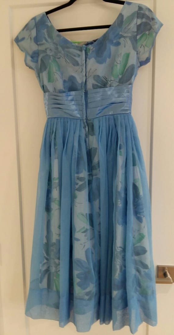 Vintage Blue Floral Chiffon Dress 50’s - image 2