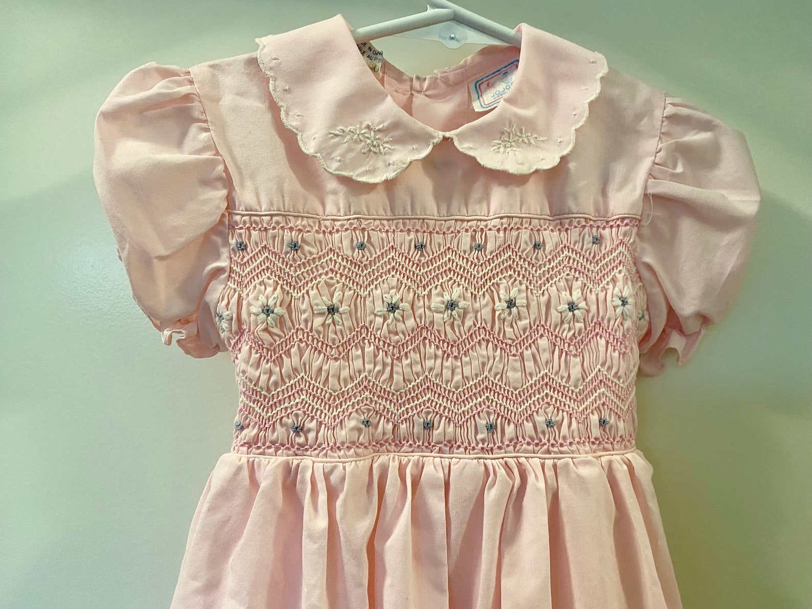 Petit Bebe Girls Winter White Corduroy Dress - Pink Collar - Smocked in Pink