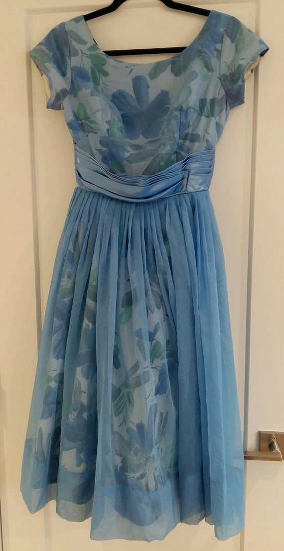 Vintage Blue Floral Chiffon Dress 50’s - image 1