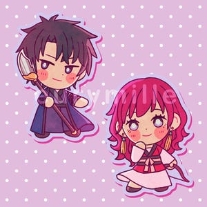 May include: Two chibi-style character illustrations on a light purple background with white polka dots. The left character has dark hair, a blue robe, and holds a spear. The right character has bright pink hair, a white and red outfit, and holds a bow.