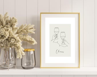 Cheers Art Print Wine Glass Minimalist Wall Art Digital Wine Decor Wine Lover Gift Modern Kitchen Print Retro Bar Decor Wall Art