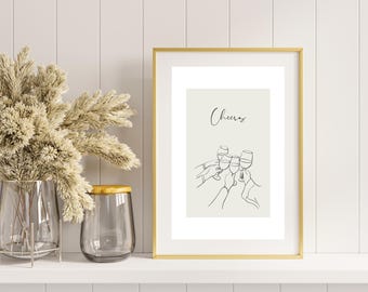 Cheers Art Print Wine Glass Minimalist Wall Art Digital Wine Decor Wine Lover Gift Modern Kitchen Print Retro Bar Decor Wall Art