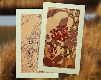 Puede incluir: Dos láminas de arte botánico con ilustraciones de bayas y hojas. Una lámina muestra bayas blancas, la otra rojas. Ambas tienen un fondo beige y un borde verde claro. La obra de arte evoca una estética natural y terrosa.