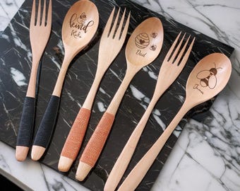 Handmade Wooden Spoon and Fork Set Personalized Birthday Gift for Kids/ Her/ Him/ Mom/ Dad, Wooden Flatware & Cutlery, Dining Table Decor