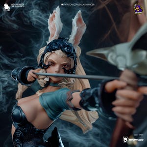 May include: A detailed figurine of a female archer with long blonde hair and rabbit-like ears. She wears a dark blue and black outfit and is aiming a bow and arrow. The image includes text that reads "HIGH-QUALITY PRE-SUPPORTS" and "PATREON.COM/BULKAMANCER".