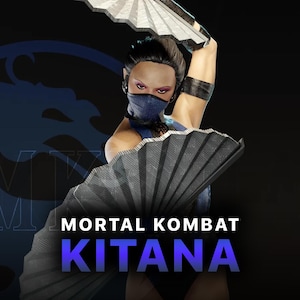 Puede incluir: Ilustración digital de Kitana de Mortal Kombat. Viste un atuendo azul y una máscara, sosteniendo dos abanicos abiertos. El texto "MORTAL KOMBAT KITANA" se muestra en blanco y azul.