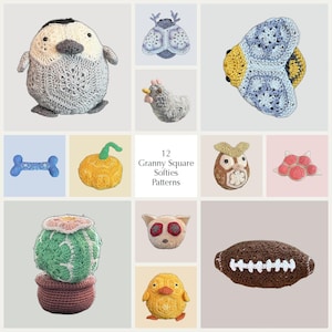 Könnte beinhalten: Eine Sammlung von 12 gehäkelten Kuscheltieren, darunter ein Pinguin, Käfer, Biene, Huhn, Knochen, Kürbis, Eule, Pfotenabdruck, Kaktus, Kreaturenkopf, Küken und Football, mit dem Text 12 Granny Square Softies Patterns in der Mitte.