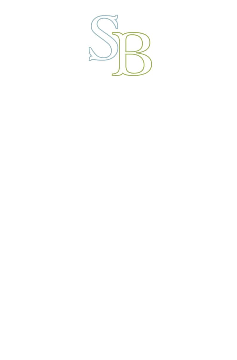 May include: A minimalist design featuring the intertwined letters "SB". The "S" is a light blue, while the "B" is a muted green. The letters are in a serif font, set against a clean white background.