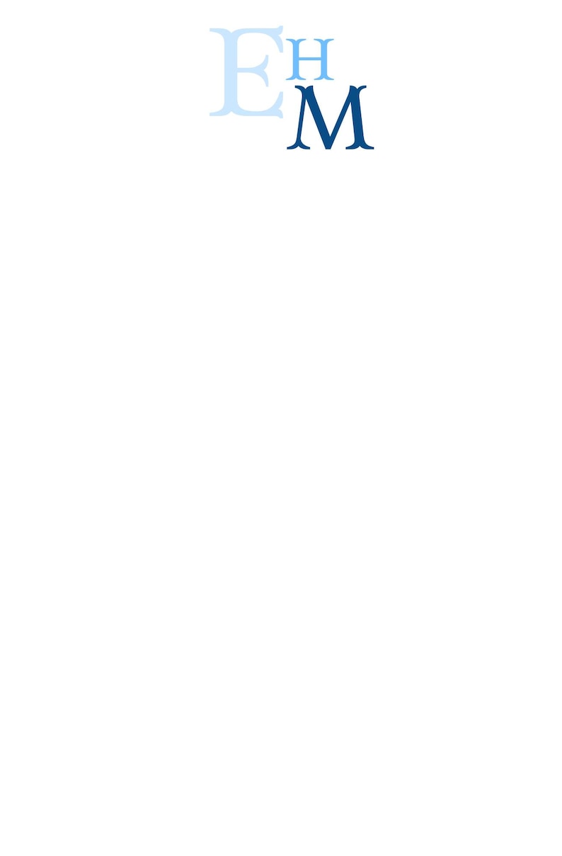 May include: A minimalist design featuring the letters "E", "H", and "M" in varying shades of blue against a white background. The letters are stylized with a classic serif font.