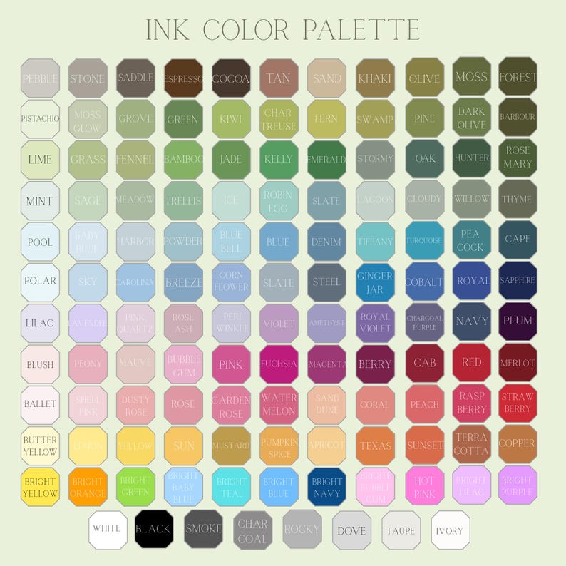 May include: An ink color palette chart with a variety of colors, each labeled with a name. The colors range from neutral tones like "Pebble" and "Tan" to vibrant hues such as "Fuchsia" and "Cobalt". The text "INK COLOR PALETTE" is at the top.