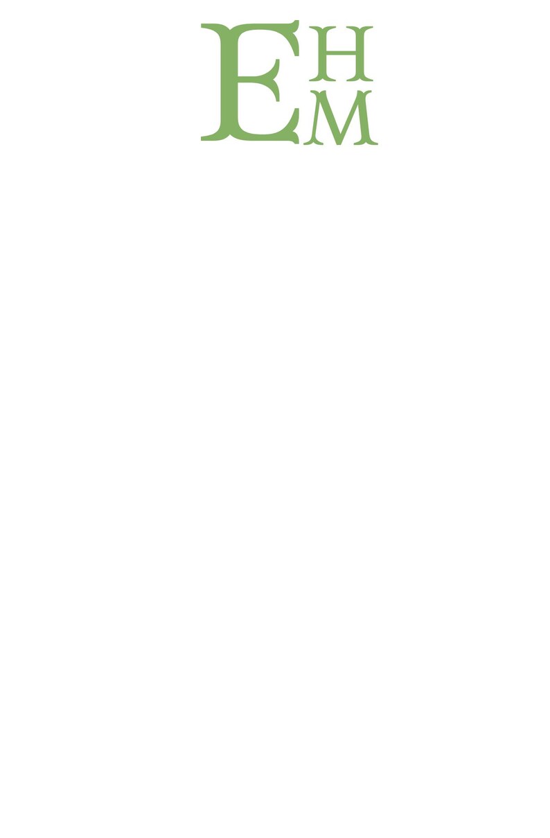 May include: A minimalist design featuring the letters "EHM" in a soft green hue. The letters are stacked vertically, with "E" at the top, followed by "H" and "M" below. The background is a clean, bright white.