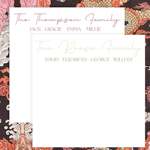 May include: Two personalized stationery sheets with family names. The top sheet has "The Thompson Family" in pink script, with names below. The bottom sheet has "The Reese Family" in green script, with names below. The background has a floral pattern.