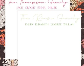 May include: Two personalized stationery sheets with family names. The top sheet has "The Thompson Family" in pink script, with names below. The bottom sheet has "The Reese Family" in green script, with names below. The background has a floral pattern.