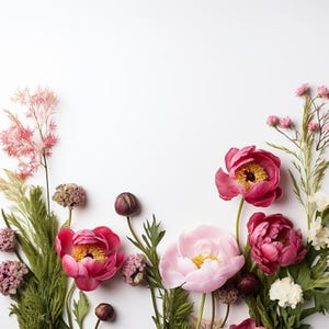 Conjunto de Peônia Flat Lay e Wreath para criação de cartões, anúncios digitais e elementos de design gráfico