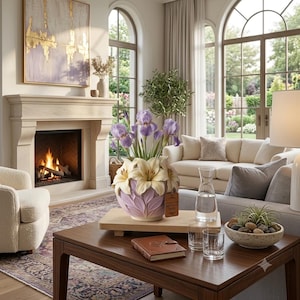 May include: A round ceramic vase featuring sculpted cream-colored lily petals on the upper half and a light purple leaf-like texture on the lower half, containing purple iris flowers and a brown rectangular tag labeled Artisan Vase.