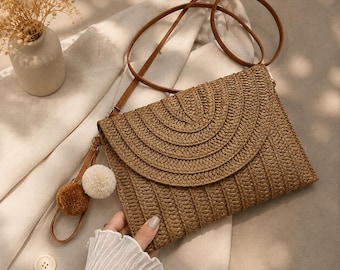 Boho Woven Straw Crossbody Bag, Beach Shoulder Purse, Summer Handbag (Gift for Her)