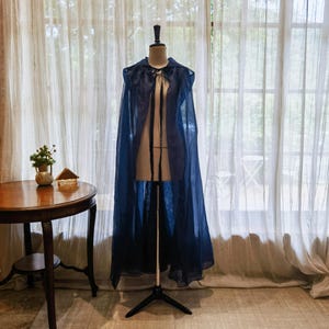 Vintage blue organza hooded cloak, Shimmer hooded bridal cape, Navy evening shawl, Wedding shawl navy blue, Organza wedding hooded cape