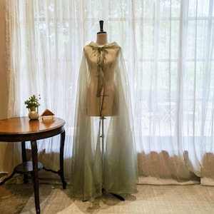 Sage Green Hooded Organza Cloak: Shimmering Wedding Cape