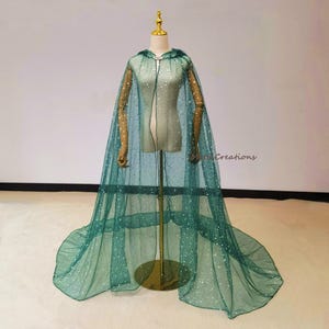 Green Tulle Hooded Cloak: Sparkling Stars Celestial Cape Christmas Halloween Cloak