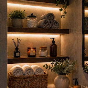 Op de afbeelding: Drie zwevende planken van donker hout met geïntegreerde warme ledverlichting, gevuld met gevlochten manden, groene planten, opgerolde grijze handdoeken, glazen potten, een diffuser en kaarsen. Een witte keramische vaas staat op het aanrecht.
