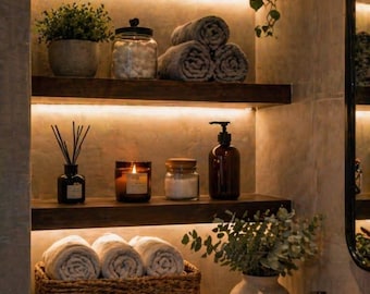 Mensola galleggiante a LED, mensola da parete in legno massello, mensola realizzata a mano, dimensioni personalizzate, illuminazione calda, per la casa.