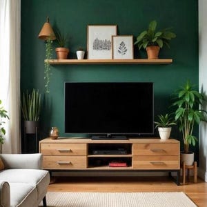 Può includere: Un mobile porta TV in legno chiaro con quattro cassetti e un ripiano centrale aperto si trova sotto una televisione a parete. Sopra la TV, una mensola sospesa in legno ospita due stampe incorniciate, due piante in vaso e una lampada da parete.
