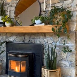 May include: A stone fireplace with a wooden mantel featuring a round mirror, two tall candlesticks, and various potted green plants. A black wood-burning stove with a visible flame sits below the mantel, next to a tall snake plant in a rattan basket.